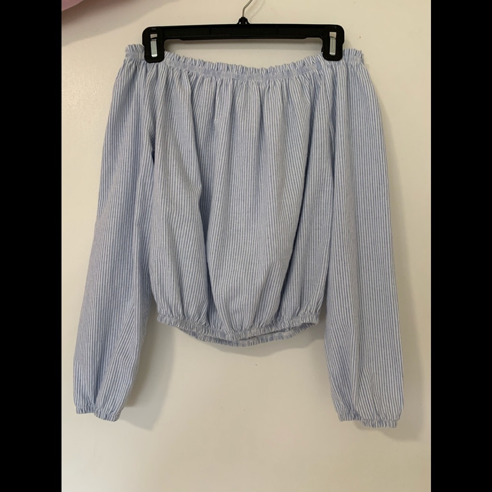 Pacsun White and Blue Striped Off the Shoulder Top